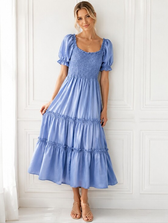 kirundo Dresses & Skirts - KIRUNDO Light Blue Smocked Tiered Maxi Dress Size L | Puff Sleeve Cottagecore